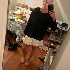 Long Sleeve Cotton Black Shirt Dress with White Ruffle Bottom - Size Medium